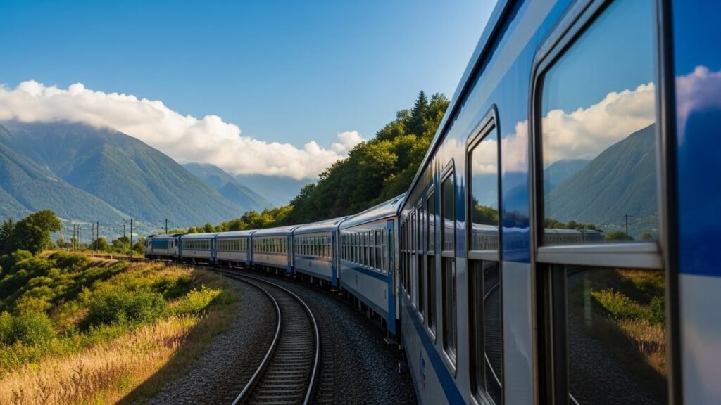 Train winding through mountainous landscape